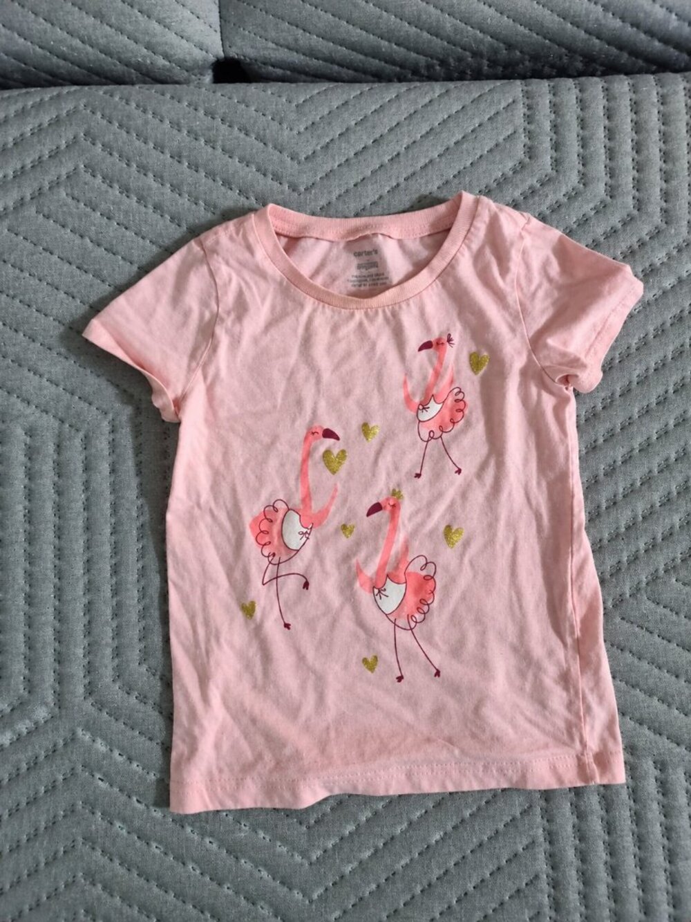 Carter’s Girls Pink Flamingo T-Shirt Gold Glitter Hearts